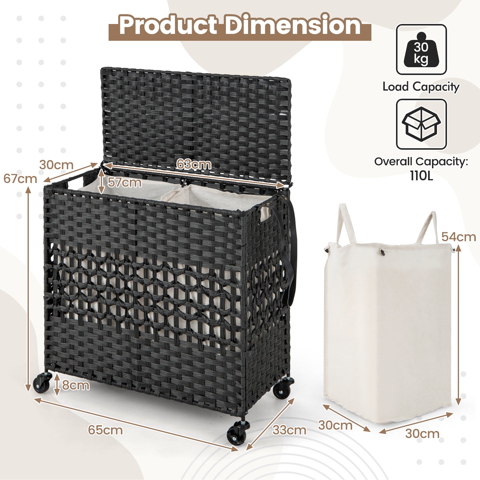 110L Collapsible Laundry Hamper Lid and Removable Liner Bag-Black