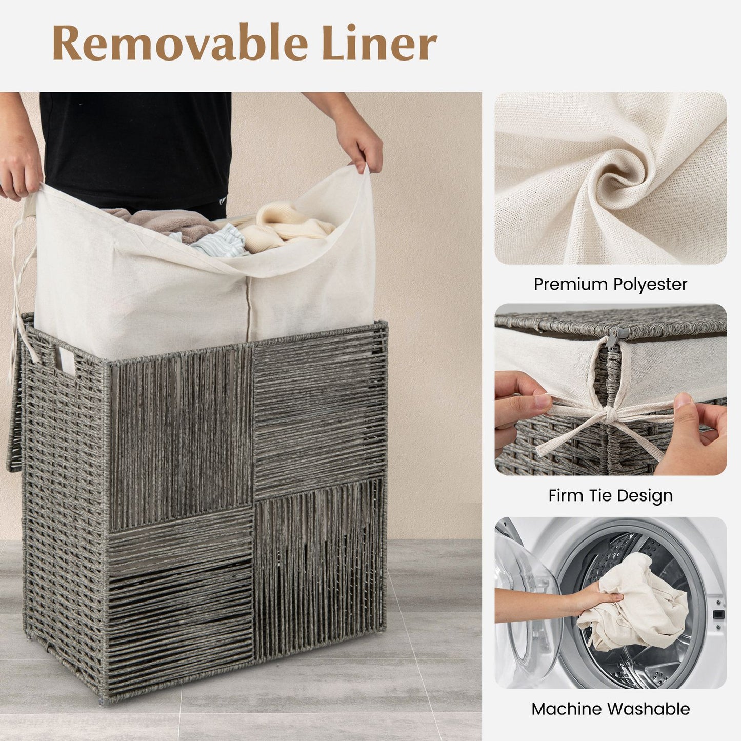 110L Laundry Hamper with Handles and Removable Liner Bag-Grey