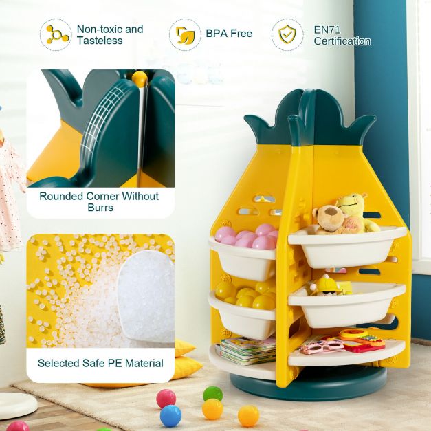 360° Revolving Pineapple Shelf with Plastic Bins for Kids