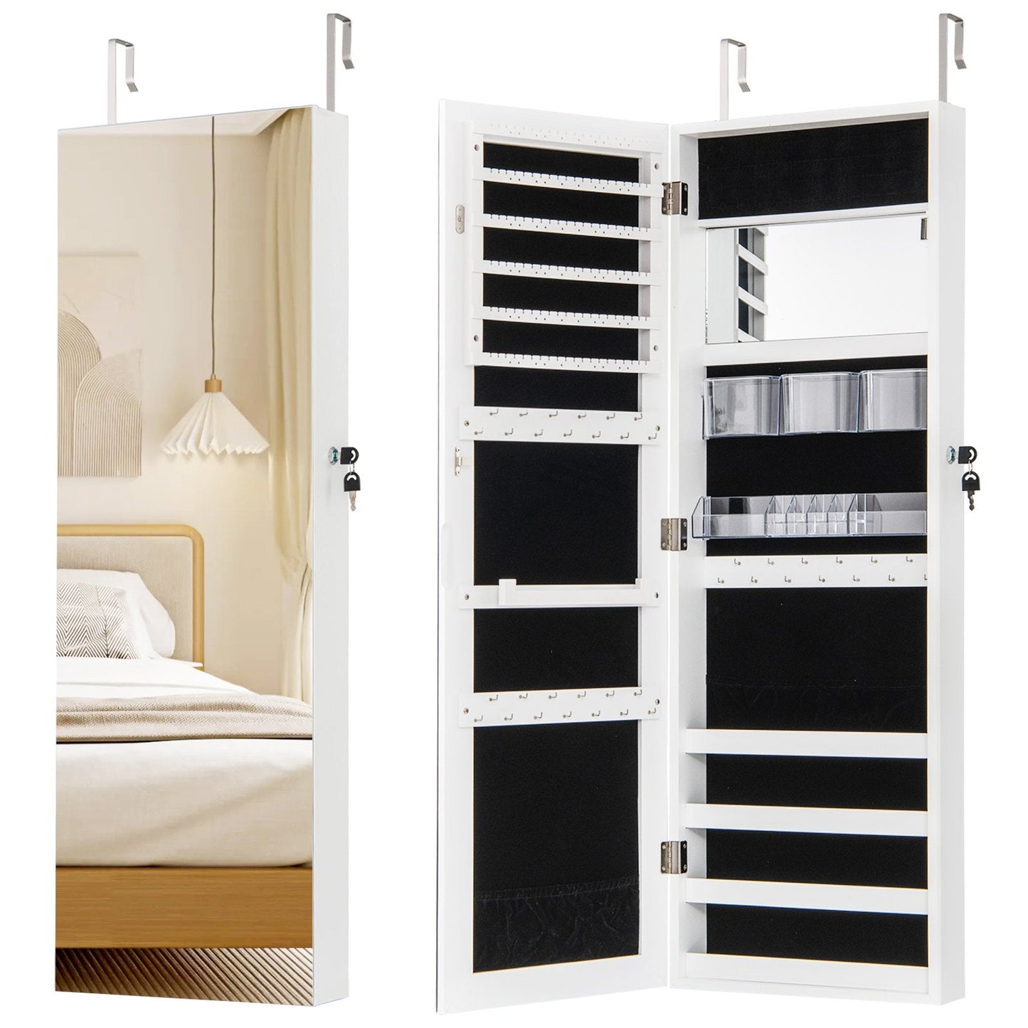 110 cm Jewelry Mirror Cabinet with Full-length Mirror and Interior Makeup Mirror-White