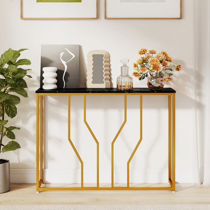 110 cm Gold Console Table Entryway Table with Faux Marble Tabletop-Black