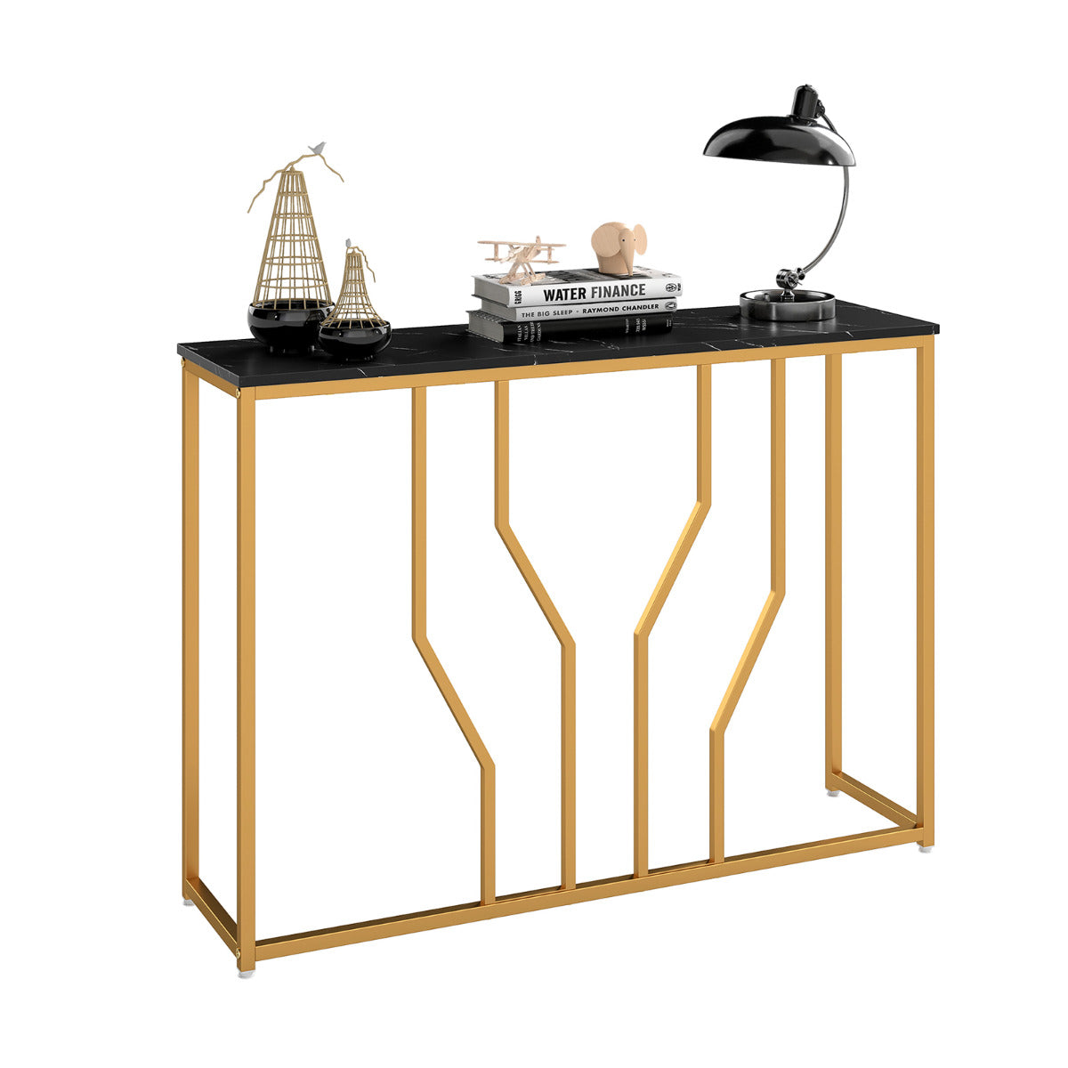 110 cm Gold Console Table Entryway Table with Faux Marble Tabletop-Black