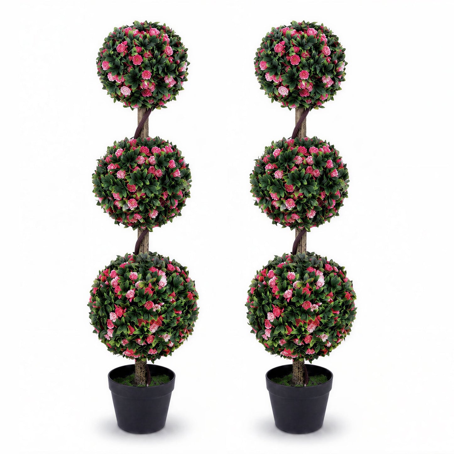 110cm Artificial Triple Ball Rose Topiary Tree with Lifelike Blooms and Green Leaves