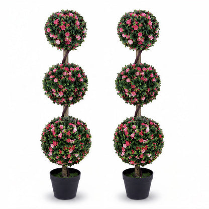 110cm Artificial Triple Ball Rose Topiary Tree with Lifelike Blooms and Green Leaves