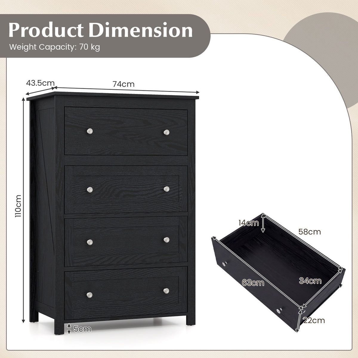 110cm Tall Storage Cabinet Chest of Drawers Clothes Organizer with 4 Drawers-Black