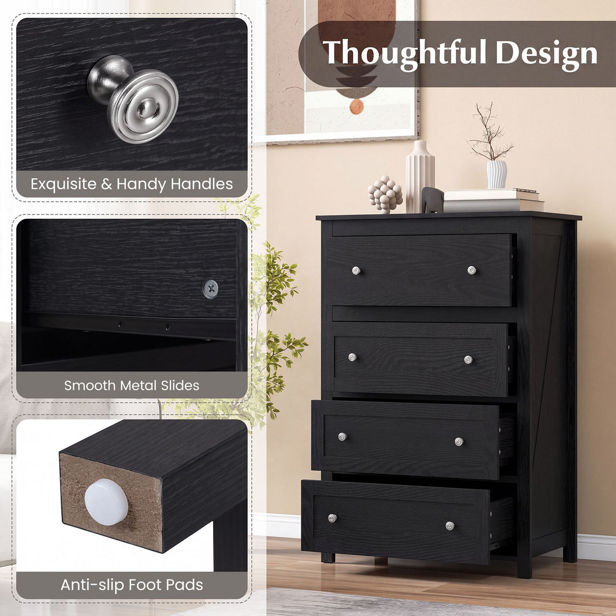 110cm Tall Storage Cabinet Chest of Drawers Clothes Organizer with 4 Drawers-Black