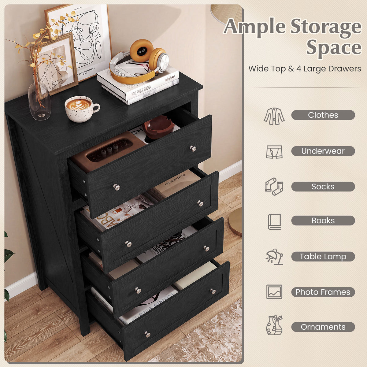 110cm Tall Storage Cabinet Chest of Drawers Clothes Organizer with 4 Drawers-Black