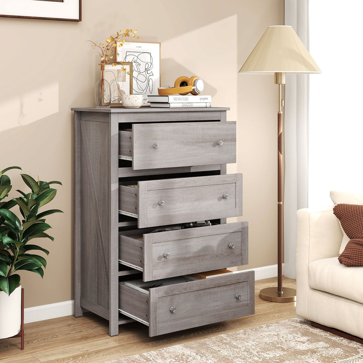 110cm Tall Storage Cabinet Chest of Drawers Clothes Organizer with 4 Drawers-Grey
