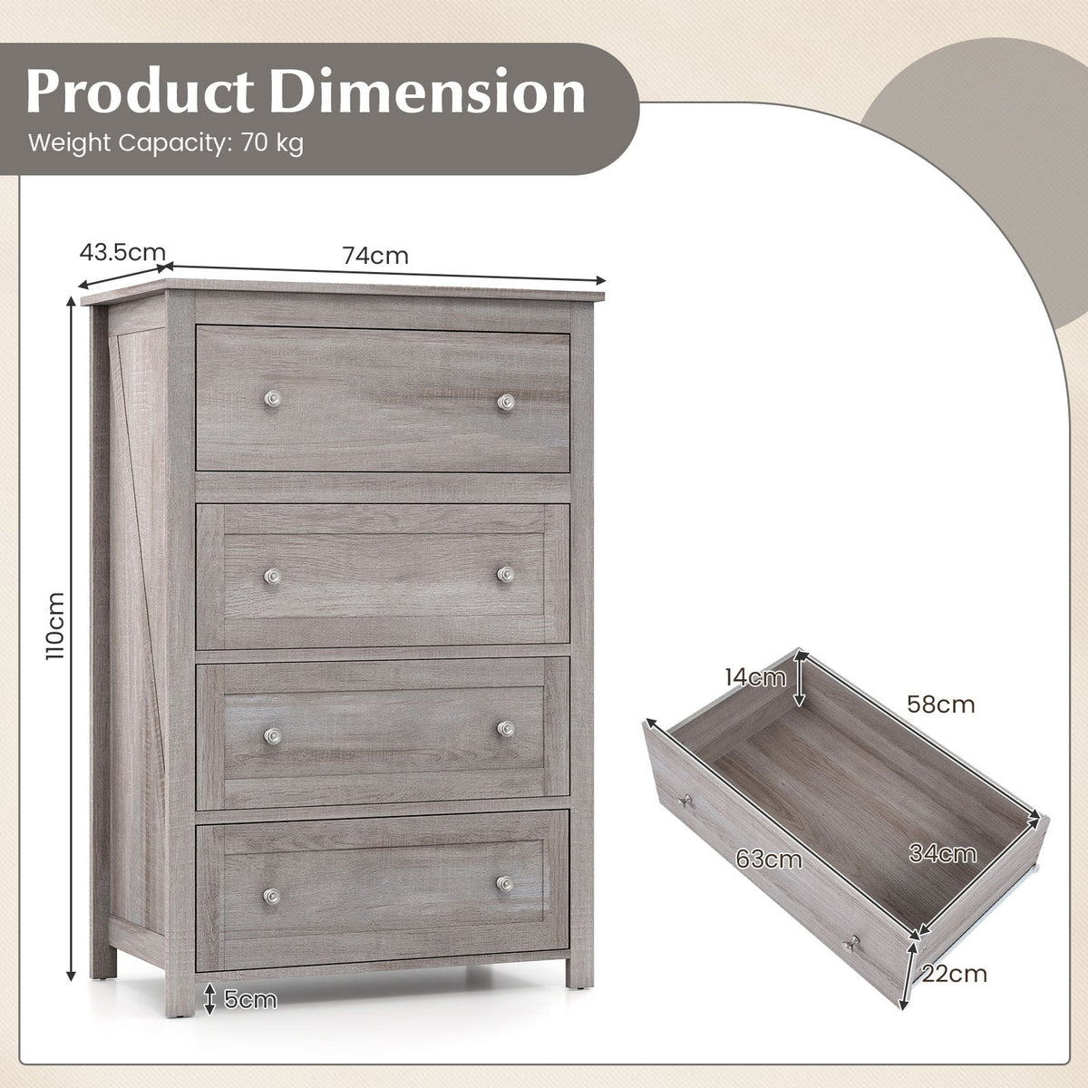 110cm Tall Storage Cabinet Chest of Drawers Clothes Organizer with 4 Drawers-Grey