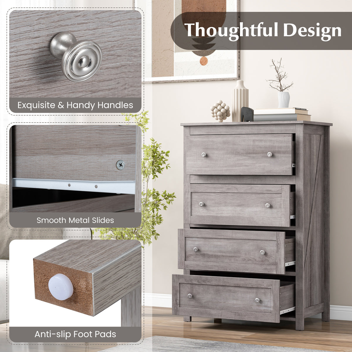 110cm Tall Storage Cabinet Chest of Drawers Clothes Organizer with 4 Drawers-Grey