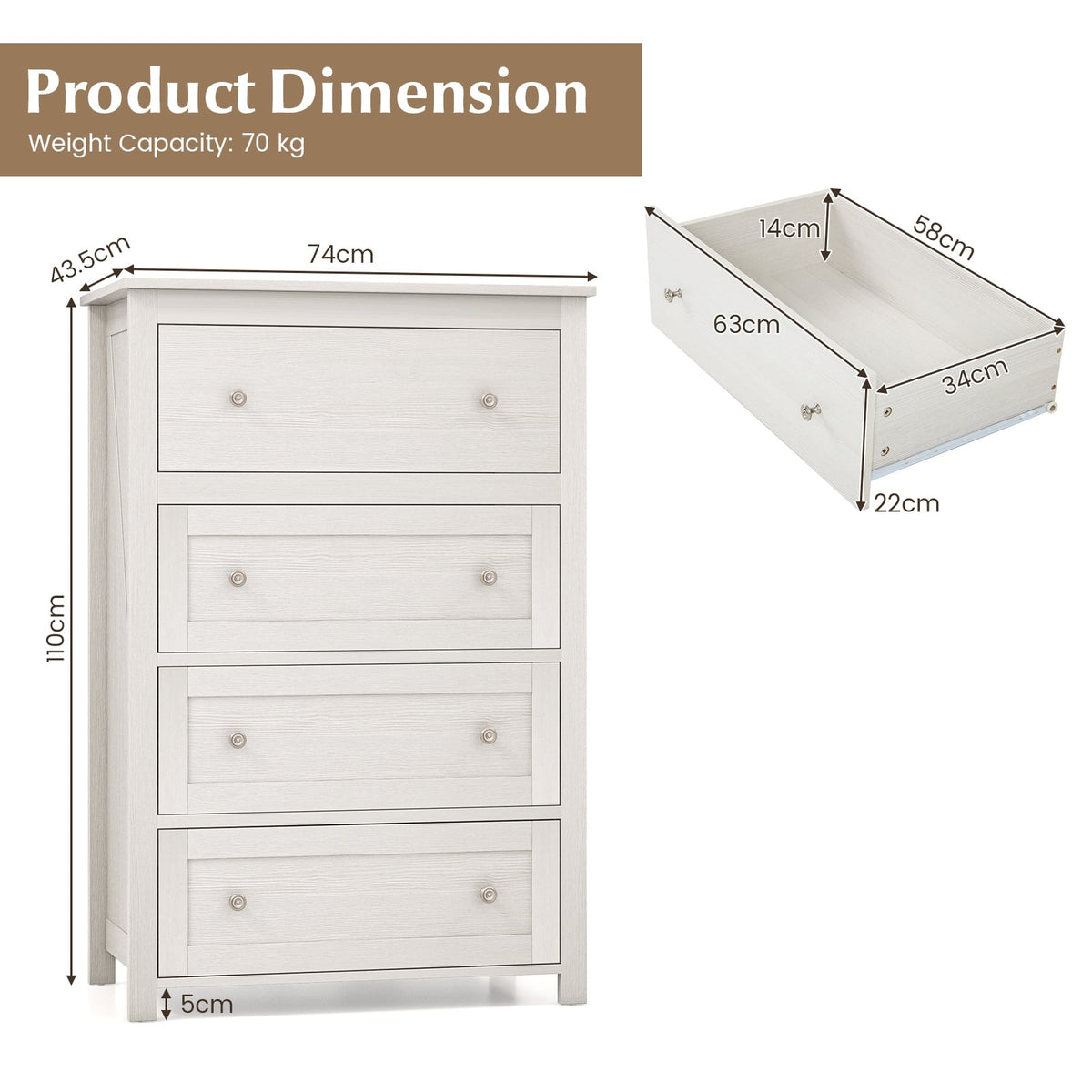 110cm Tall Storage Cabinet Chest of Drawers Clothes Organizer with 4 Drawers-White