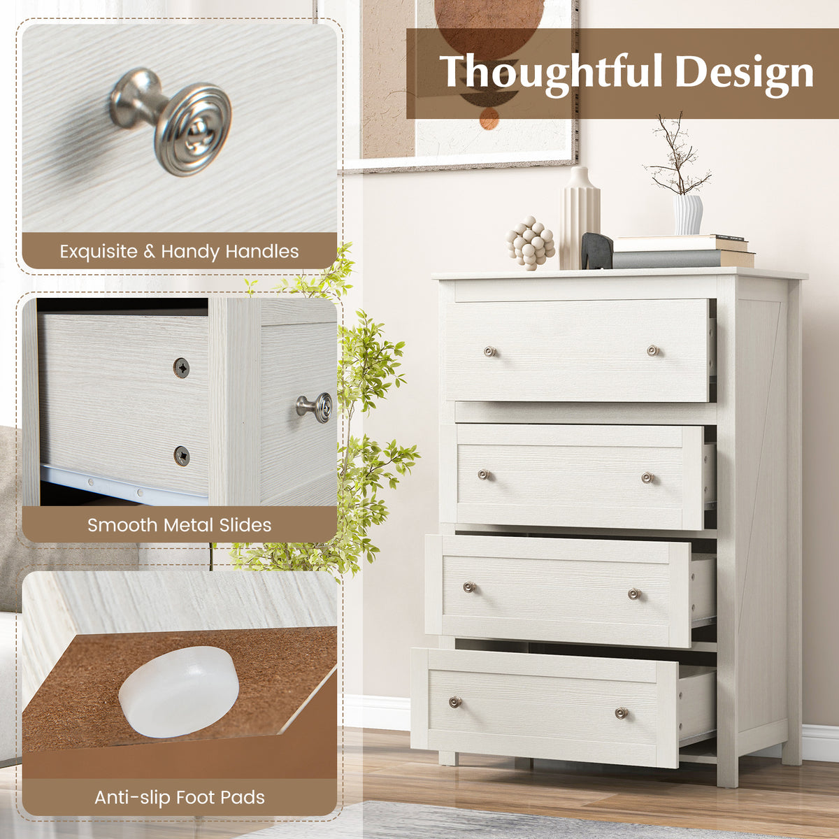 110cm Tall Storage Cabinet Chest of Drawers Clothes Organizer with 4 Drawers-White