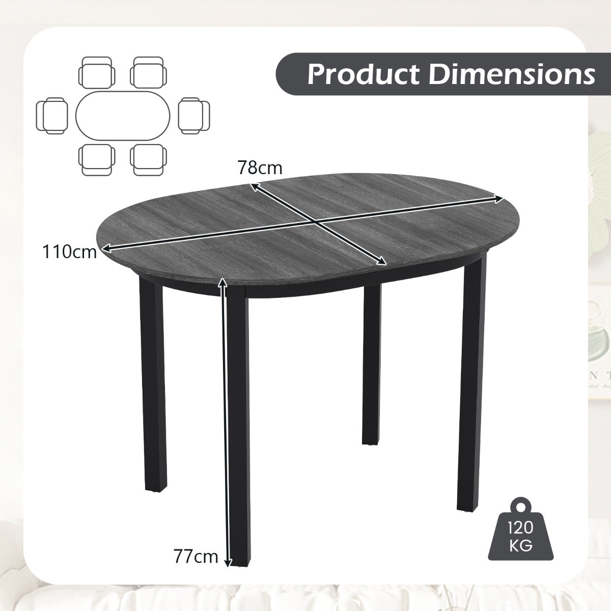 110CM Wooden Dining Table for 4-6 People Oval Kitchen Table-Dark Grey
