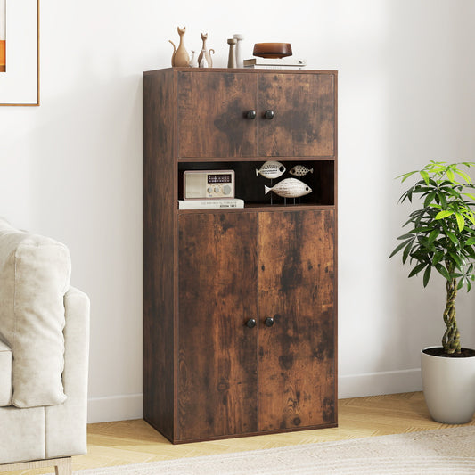 111 cm Tall Bookcase with 4 Doors 4-Tier Modern Storage Organizer with and Adjustable Shelf-Rustic Brown