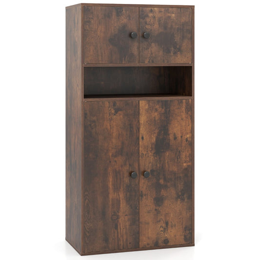 111 cm Tall Bookcase with 4 Doors 4-Tier Modern Storage Organizer with and Adjustable Shelf-Rustic Brown