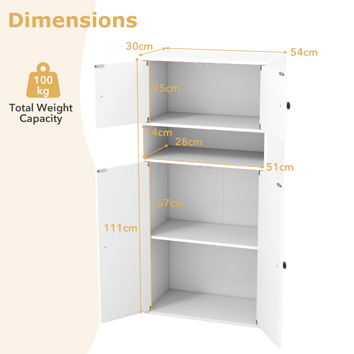 111 cm Tall Bookcase with 4 Doors 4-Tier Modern Storage Organizer with and Adjustable Shelf-White