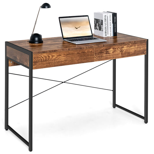 Wooden Study Computer Desk with 2 Drawers in Rustic Brown
