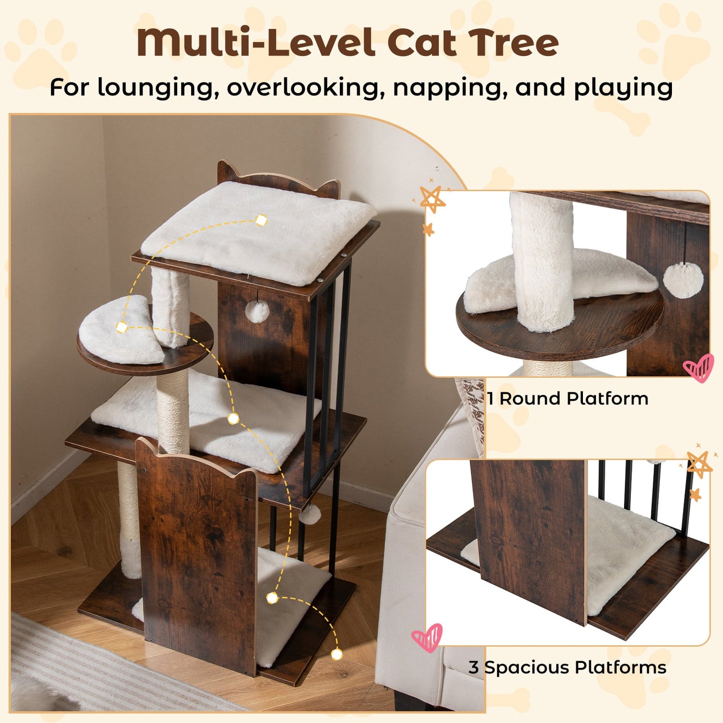 112 CM Tall Modern Cat Tree for Indoor Cats-Rustic Brown