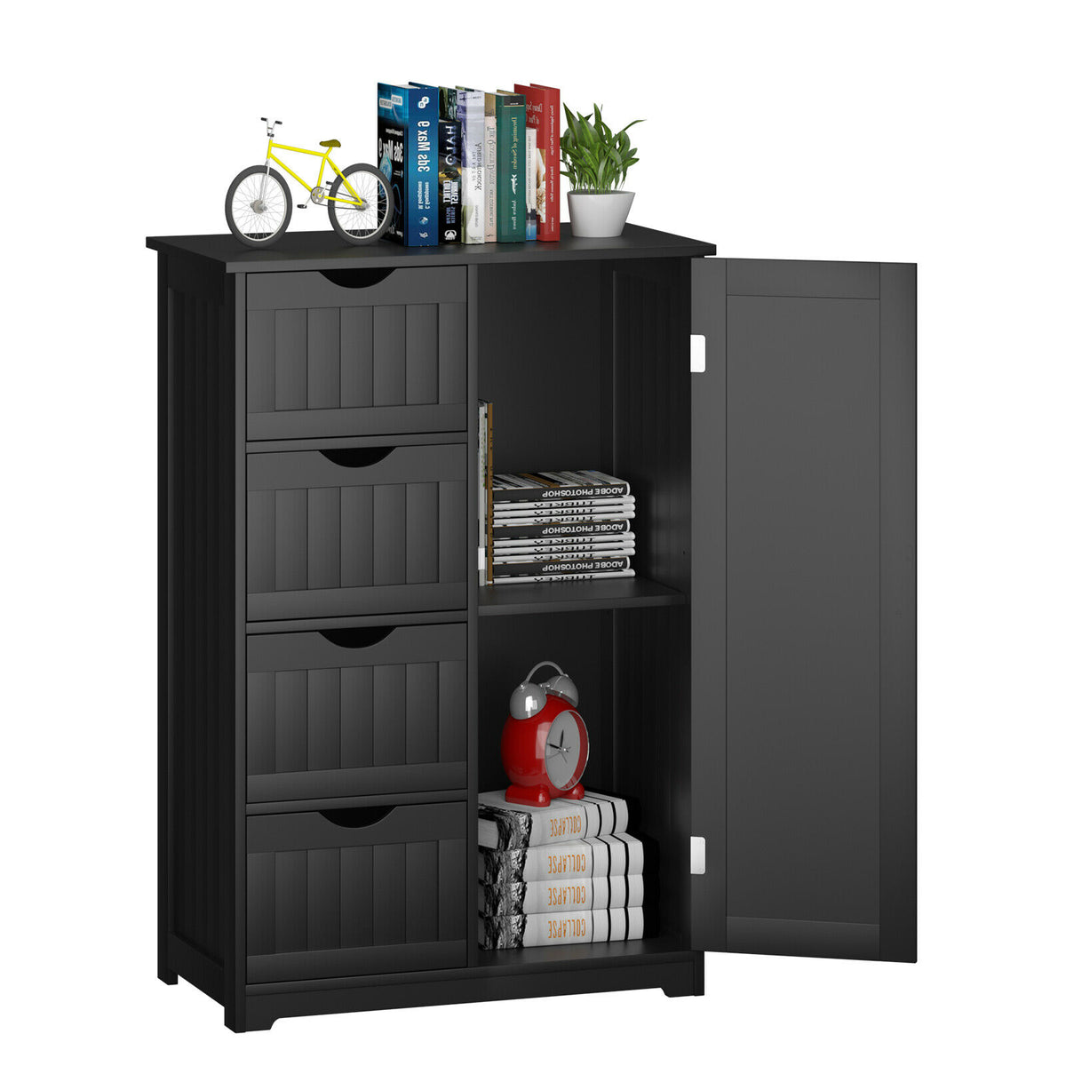 Freestanding Storage Cupboard with Adjustable Shelf and Drawers-Black