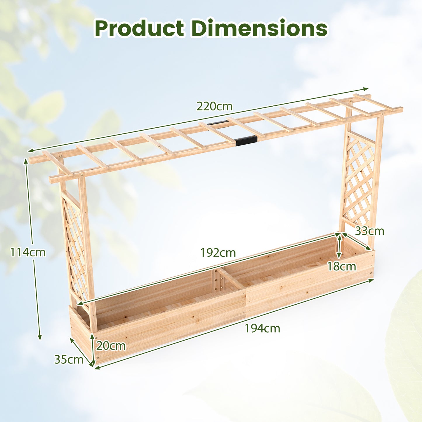 114 cm Tall Wooden Raised Garden Bed with Side Trellis-Natural