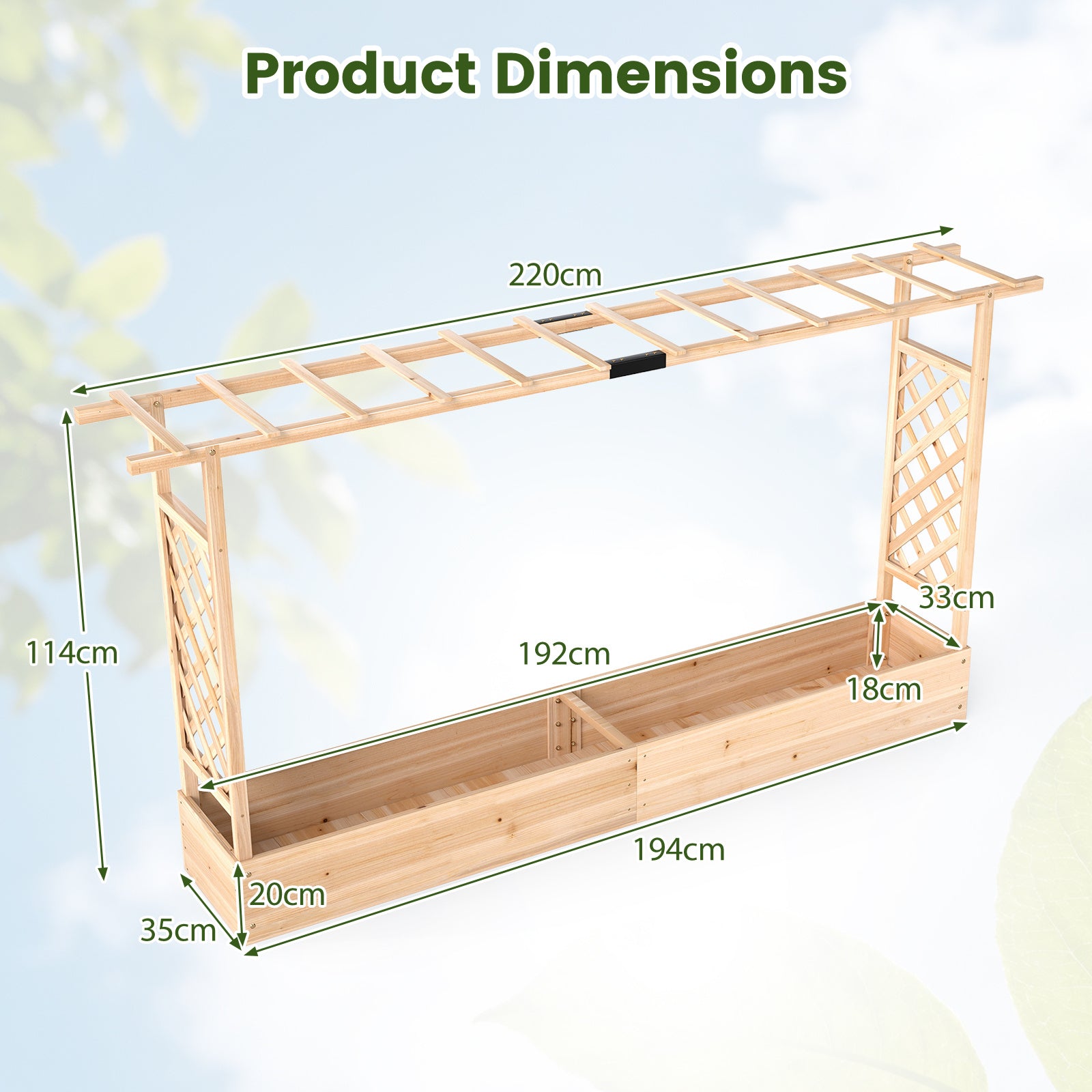 114 cm Tall Wooden Raised Garden Bed with Side Trellis-Natural