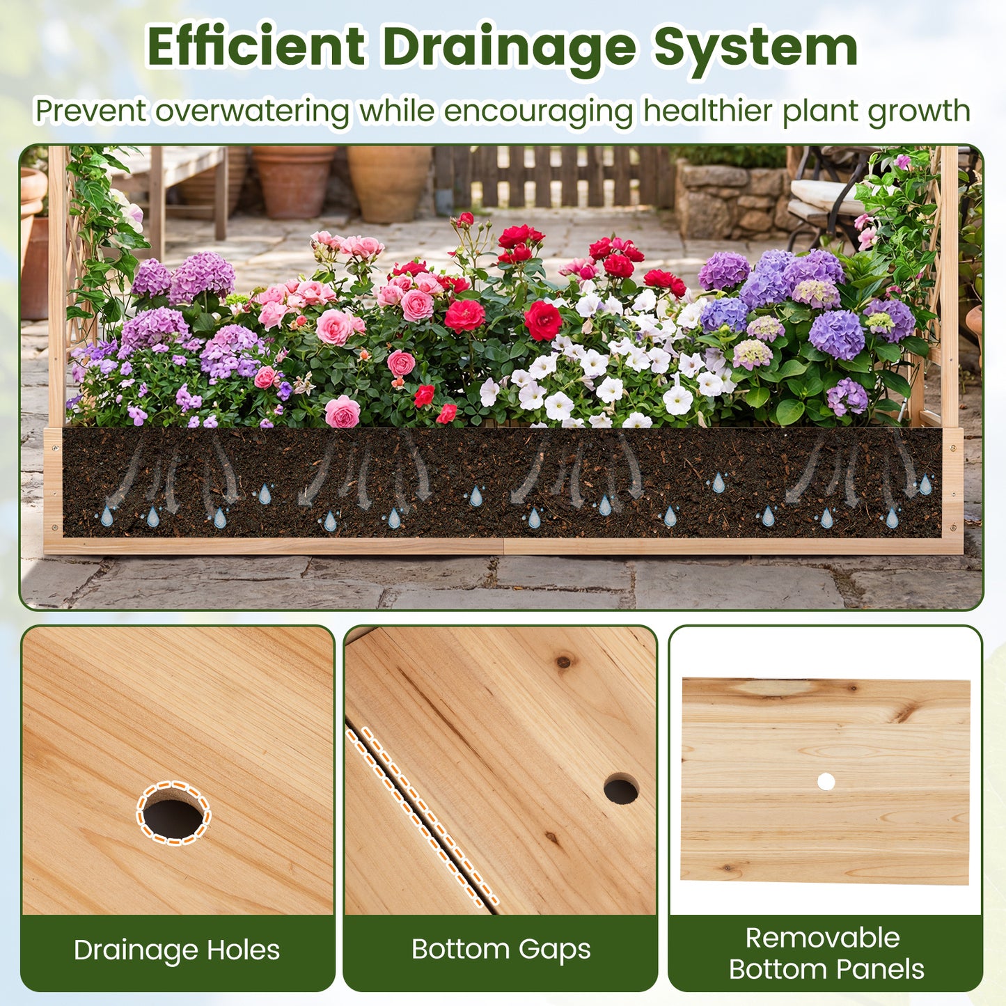 114 cm Tall Wooden Raised Garden Bed with Side Trellis-Natural