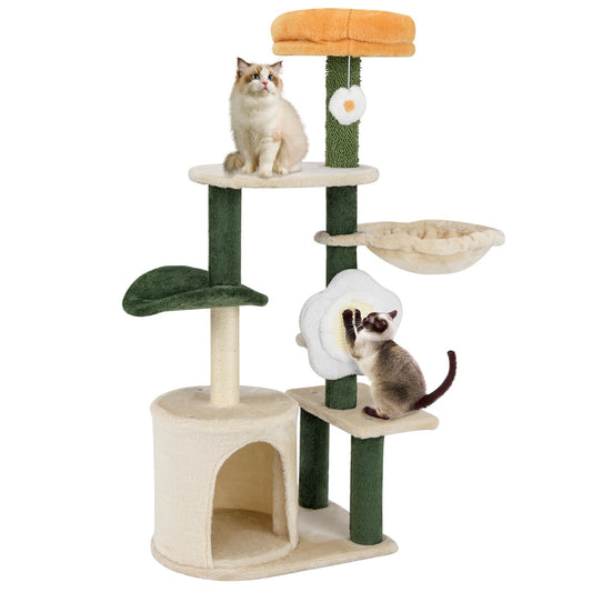 114CM Tall Cute Flower Multi-level Cat Tree with Sisal Post and Pad-Multicolor