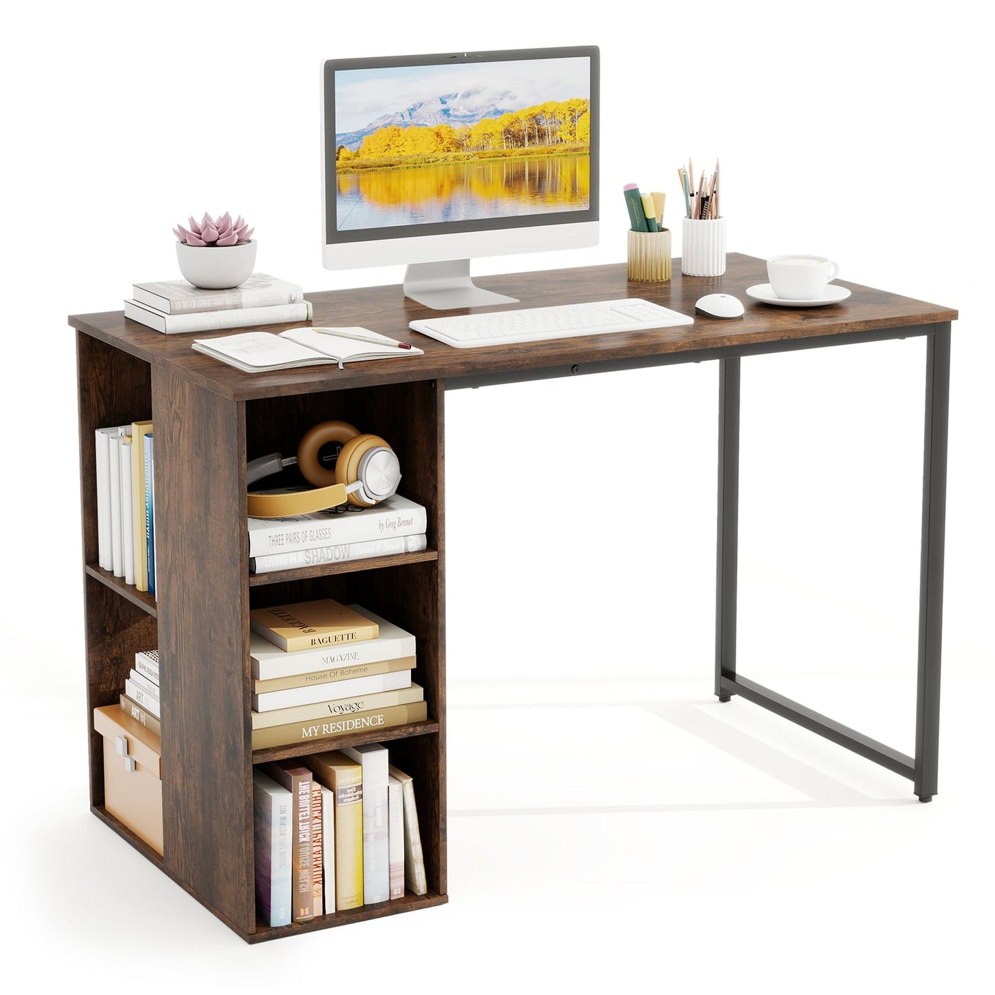 115 CM Computer Desk with 5 Storage Compartments-Brown