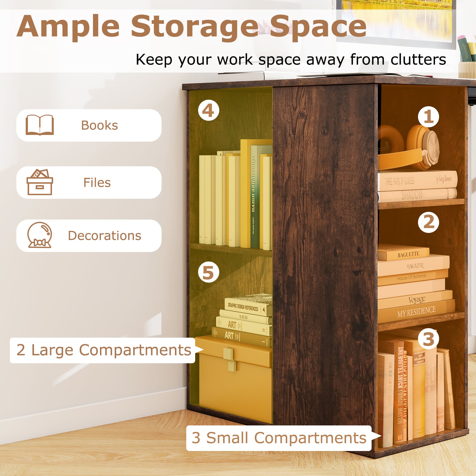 115 CM Computer Desk with 5 Storage Compartments-Brown