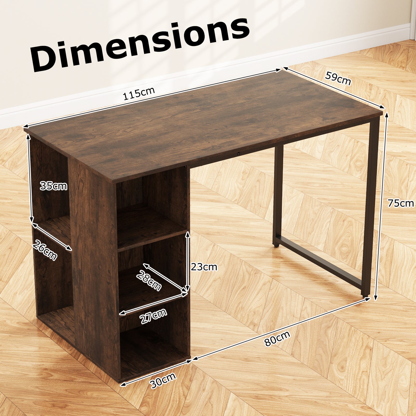 115 CM Computer Desk with 5 Storage Compartments-Brown