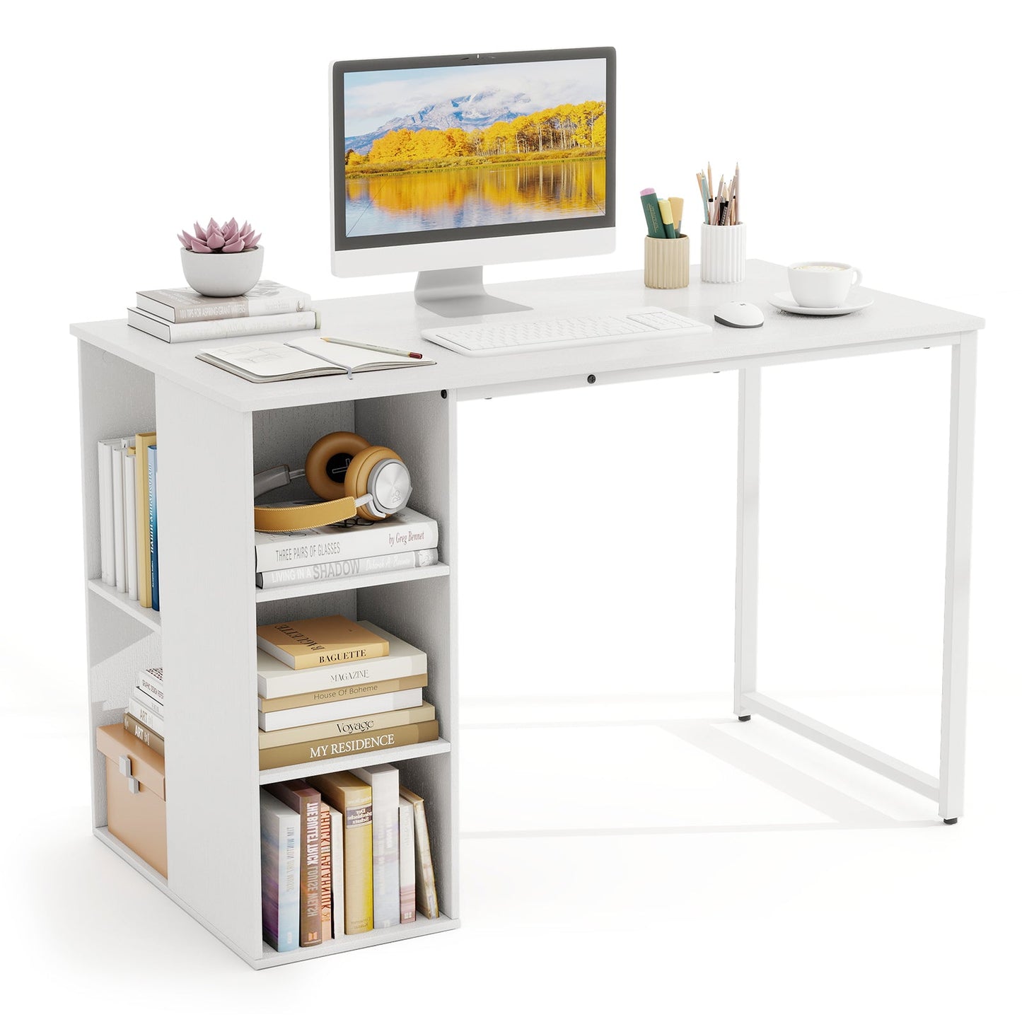 115 CM Computer Desk with 5 Storage Compartments-White