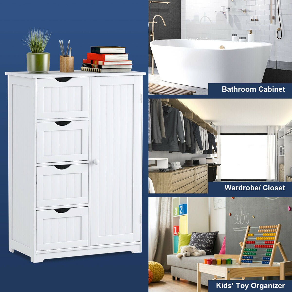 Freestanding Storage Cupboard with Adjustable Shelf and Drawers-White