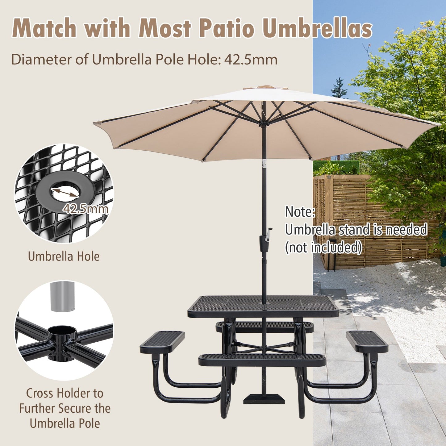 116 cm Coated Steel Square Camping Picnic Table and Bench for 8-Black