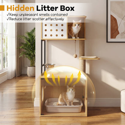 117.5 cm Modern Cat Tower Cabinet with Sisal Scratching Posts and Hanging Ball-Natrual