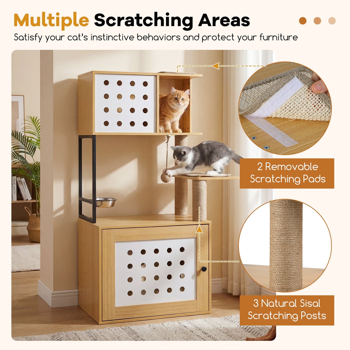 117.5 cm Modern Cat Tower Cabinet with Sisal Scratching Posts and Hanging Ball-Natrual