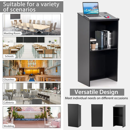 Podium Stand Hostess Stand for Speakers with Storage Shelf-Black