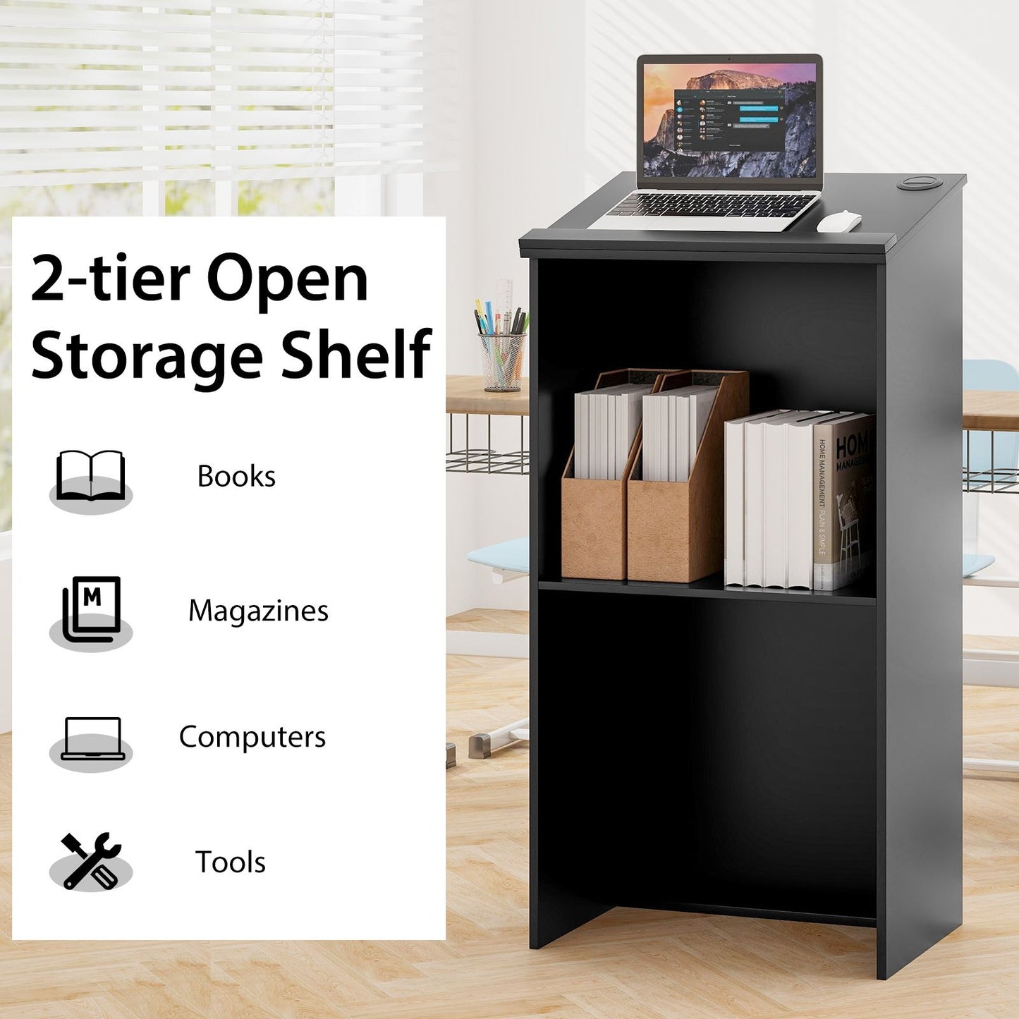 Podium Stand Hostess Stand for Speakers with Storage Shelf-Black