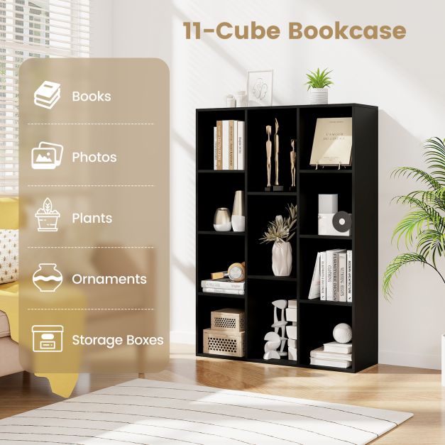 11-Cube Bookcase Modern Geometric Bookshelf with Anti-tipping Kits-Black