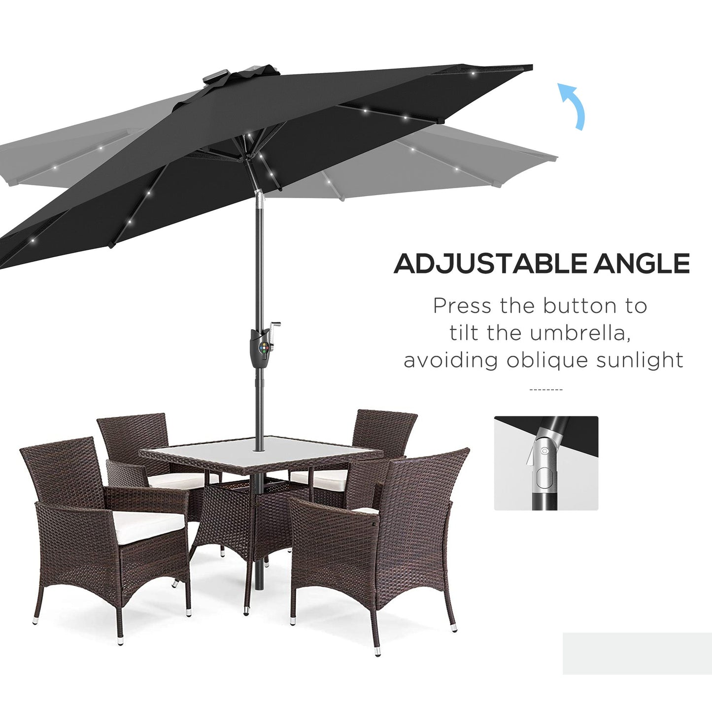 Outsunny Φ2.7m Garden Parasol Solar Outdoor Tilt Sun Umbrella Patio Sun Shade w/ 24 LED Light, Hand Crank and 8 Ribs, Black