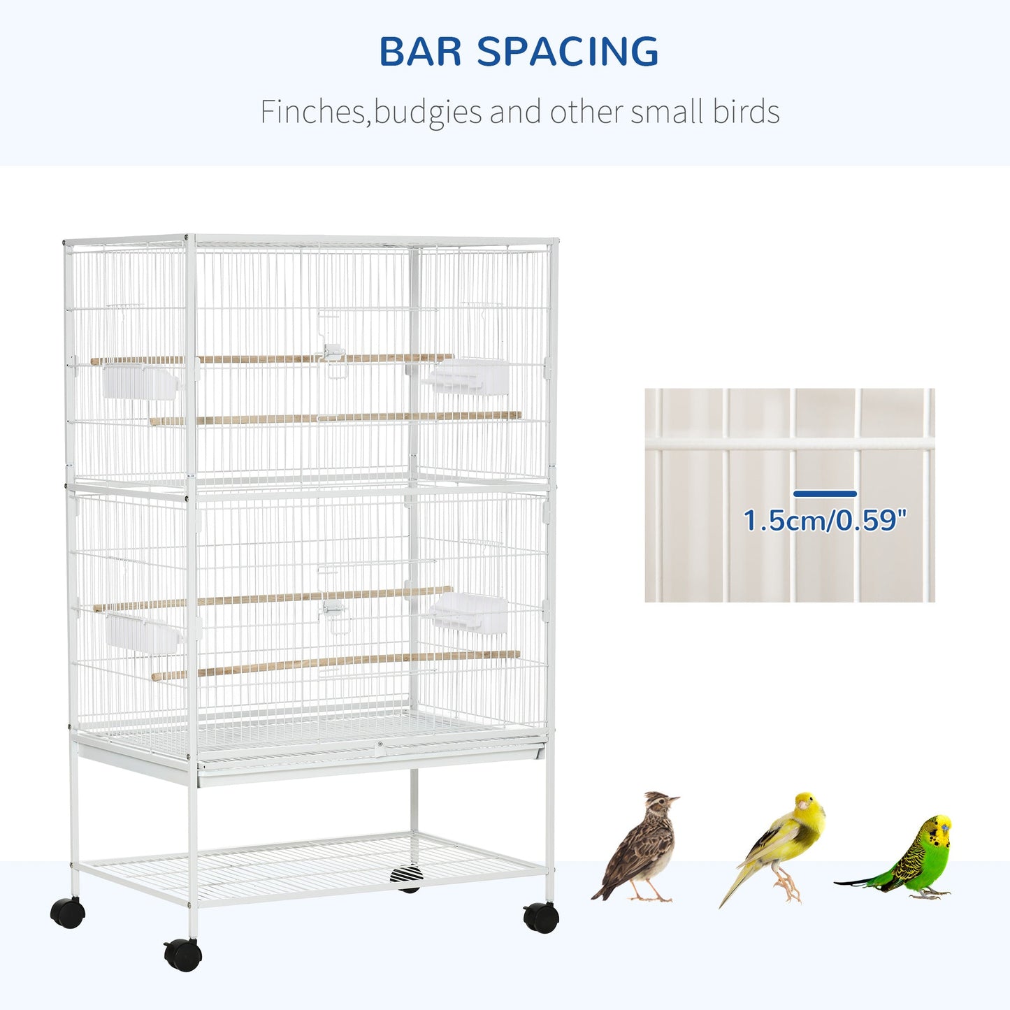 PawHut Large Bird Cage Aviary for Finch Canaries, Budgies with Rolling Stand, Slide-out Tray, Storage Shelf, Wood Perch, Food Containers, White