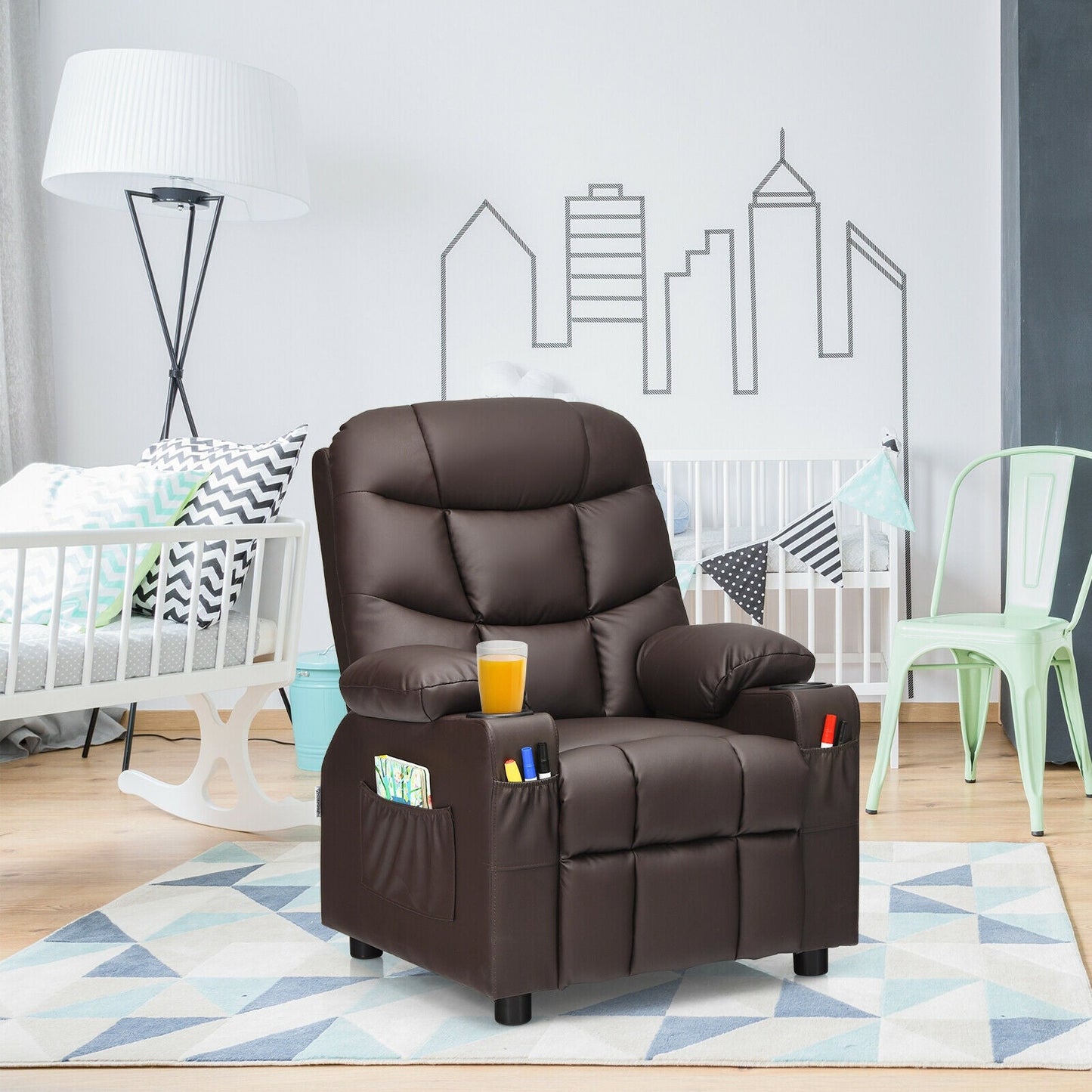 PU Leather Kids Recliner Chair with Cup Holders and Side Pockets-Brown