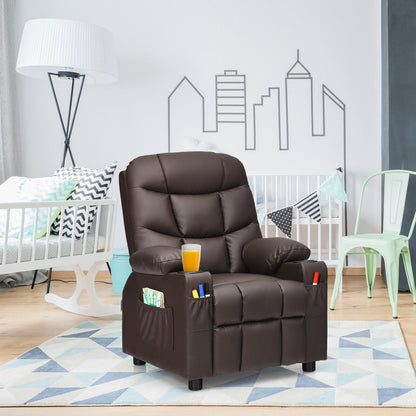 PU Leather Kids Recliner Chair with Cup Holders and Side Pockets-Brown