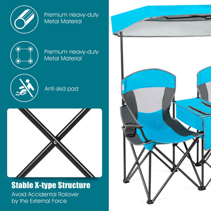 Double Folding Camping Chair with Canopy and Armrests-Blue