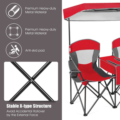 Double Folding Camping Chair with Canopy and Armrests-Red