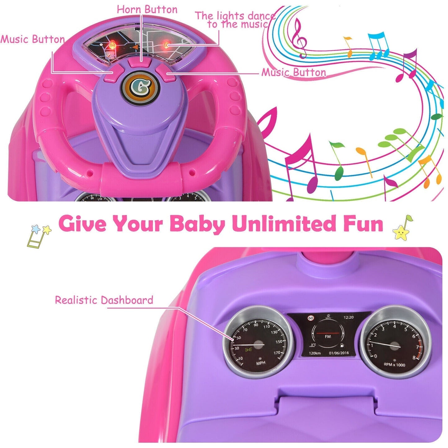 Honey Joy 3 in 1 Ride on Push Car Toddler Stroller Sliding Car with Music-Pink