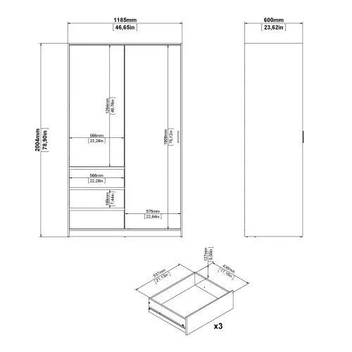 Classic Design High Gloss Sliding Door Wardrobe with 3 Drawers - White