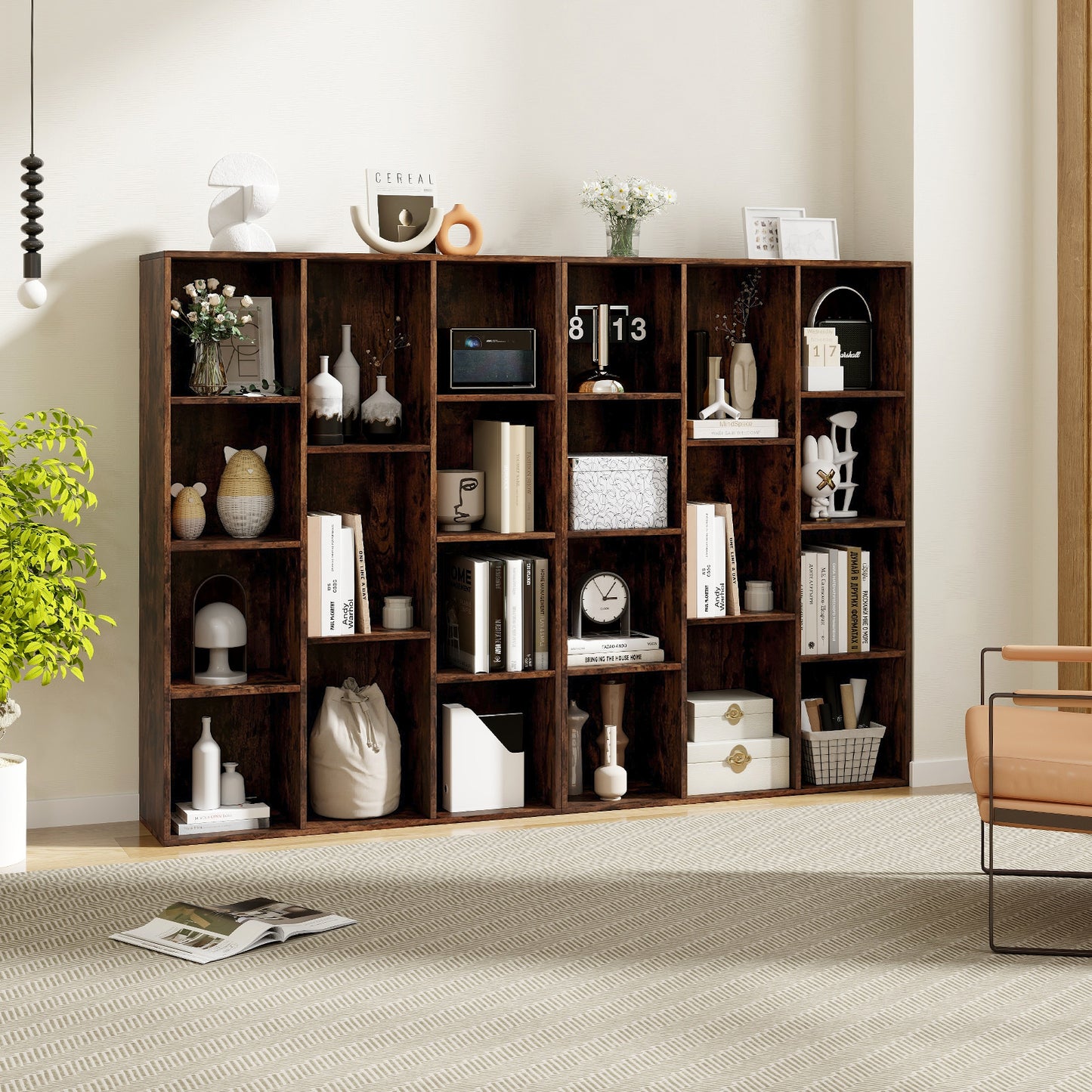 11-Cube Bookcase Modern Geometric Bookshelf with Anti-tipping Kits-Rustic Brown