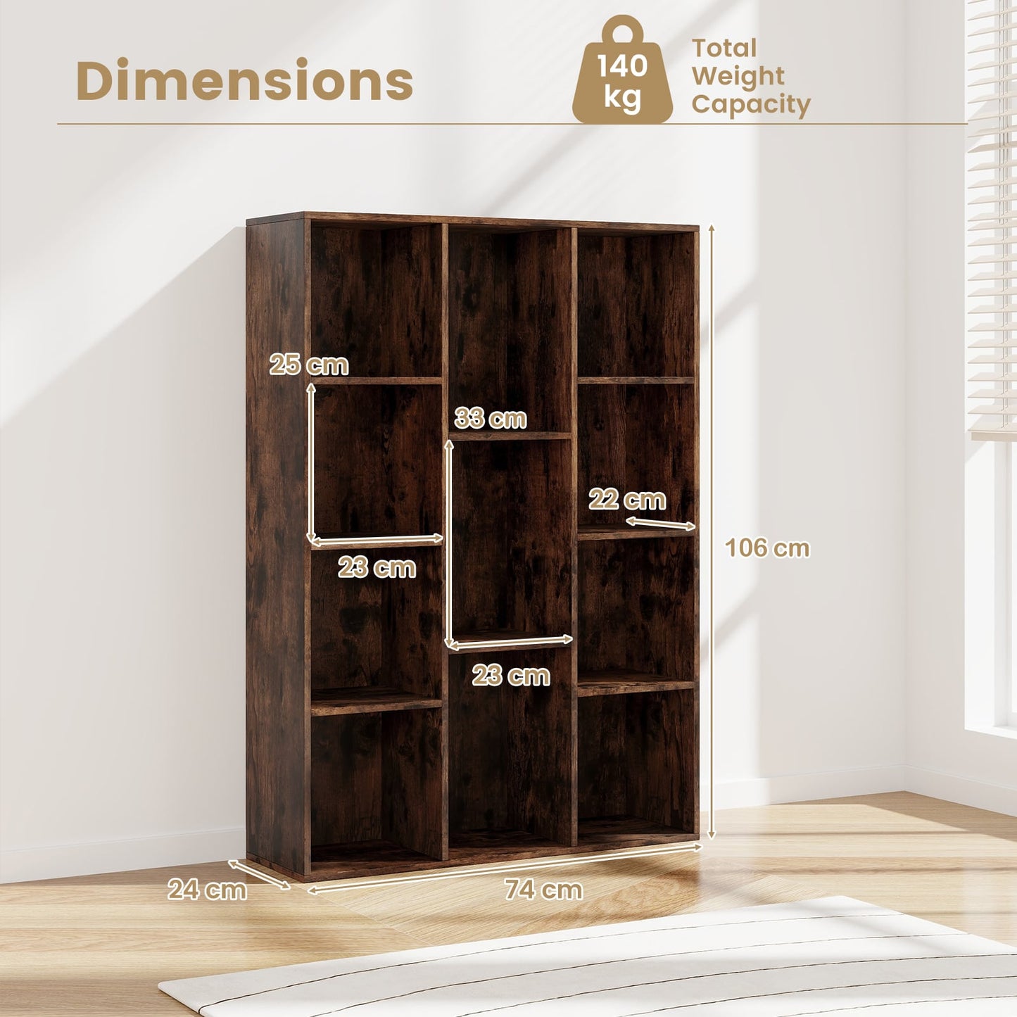 11-Cube Bookcase Modern Geometric Bookshelf with Anti-tipping Kits-Rustic Brown