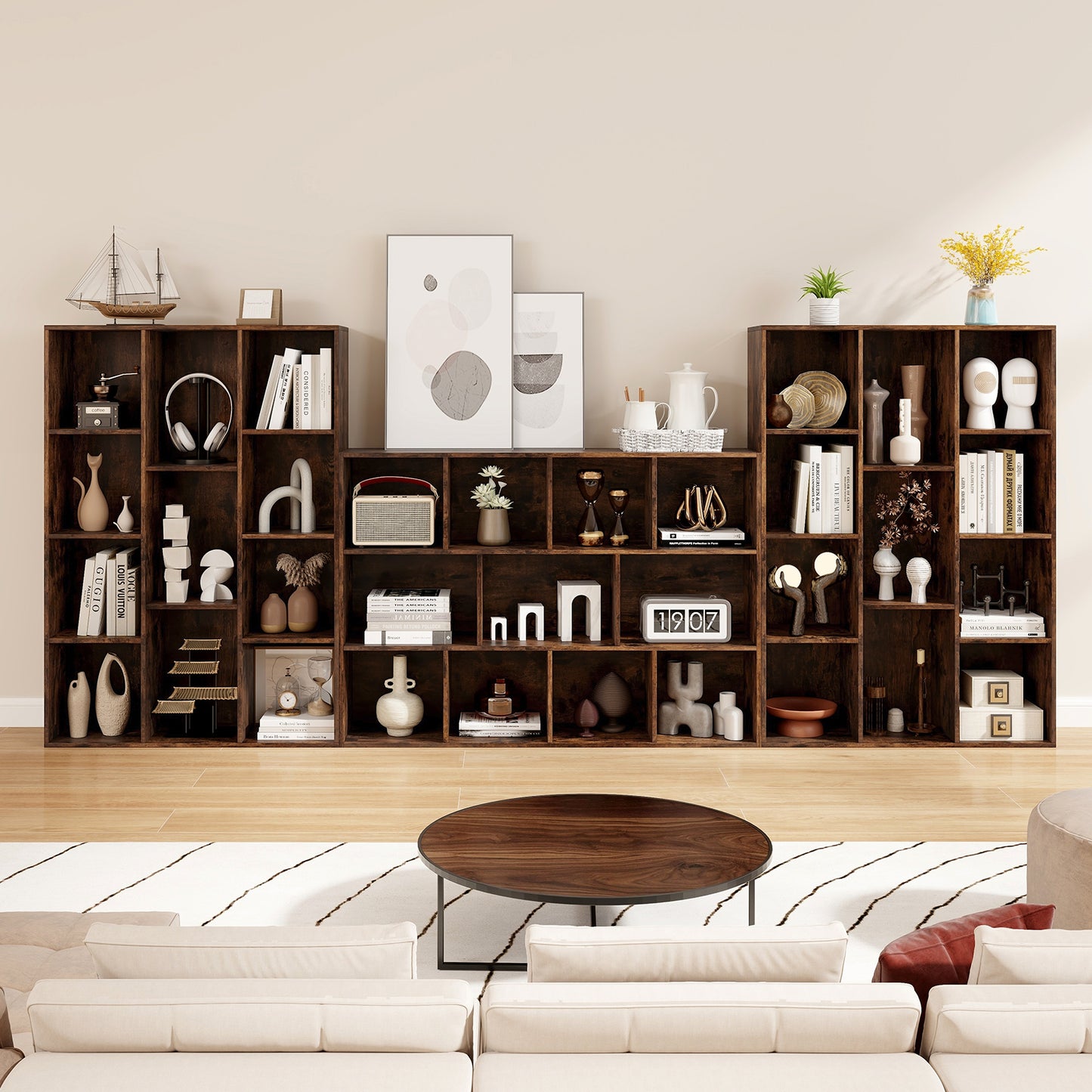 11-Cube Bookcase Modern Geometric Bookshelf with Anti-tipping Kits-Rustic Brown