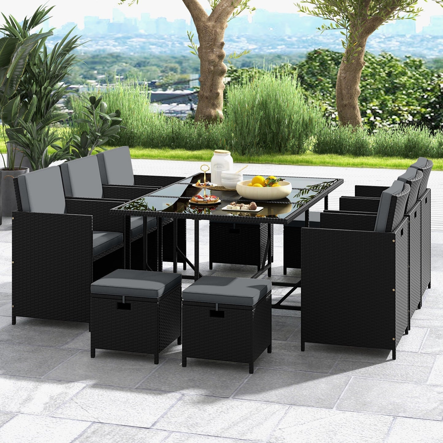 11 Pieces Patio Dining Set with Ottomans for Garden Yard Poolside-Grey